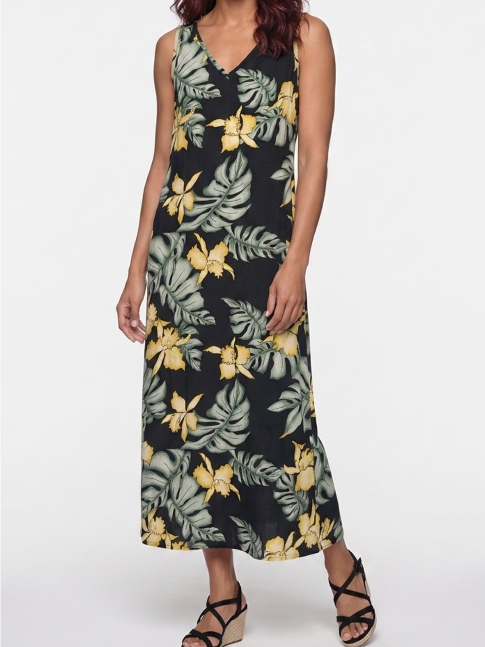 Tommy Bahama Black Maxi Skirt with Yellow Floral and Green Leaf Print